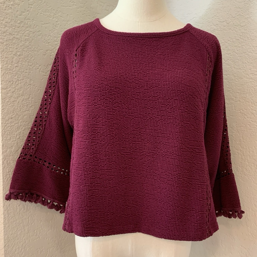 Saturday Sunday Anthropologie Olanda Burgundy Crochet Sweater Top M Boho Flowy